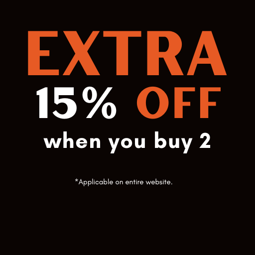 Promotional text offering an extra 15% off when buying two items on a black background.