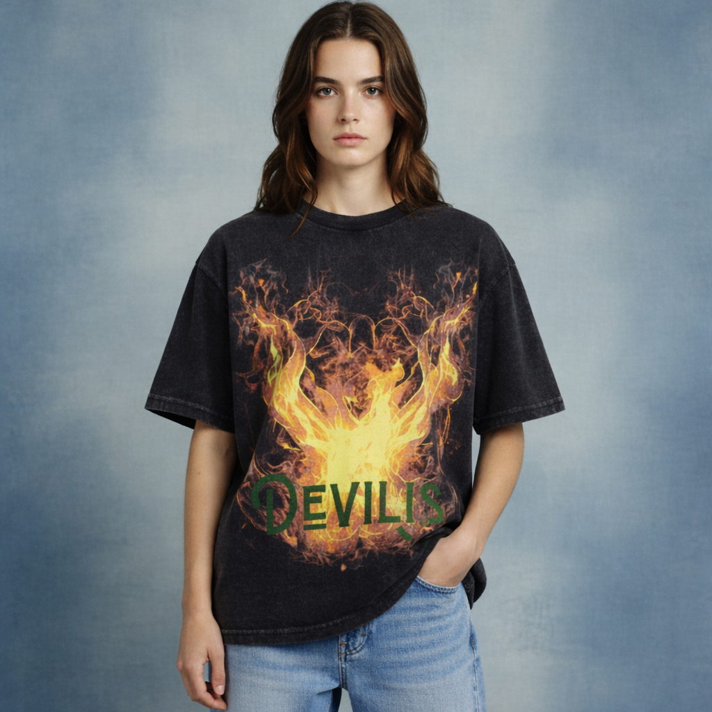 Devilish Black Acid Wash Oversized T-Shirt