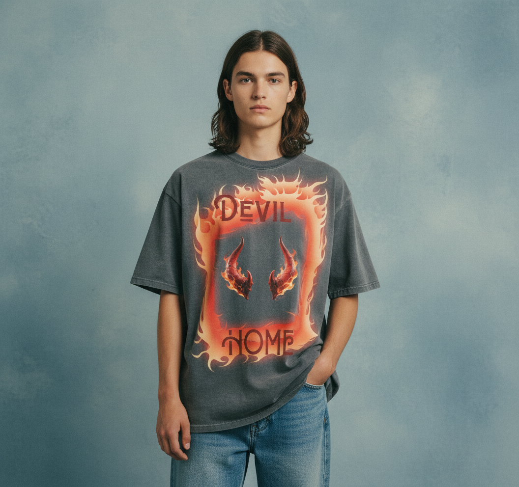 Devil Home Grey Acid Wash Oversized T-Shirt