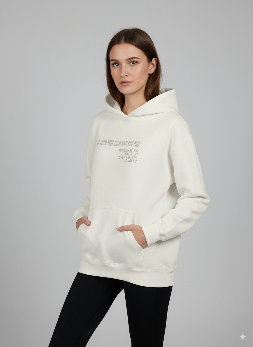 Woman wearing a white hoodie with text on a gray background