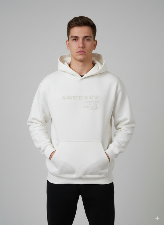 Man wearing a white hoodie with text on a gray background