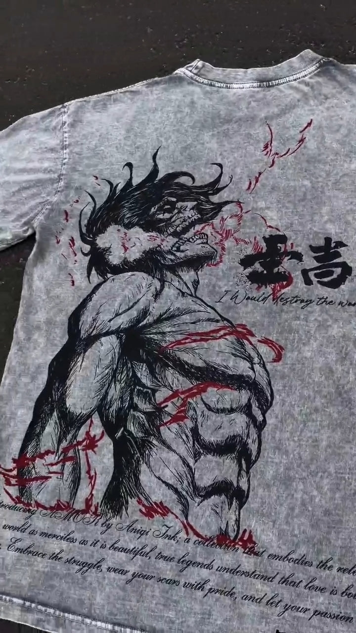 Gray t-shirt with black and red graphic design of a creature and text on a dark background