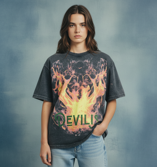 Devilish Grey Acid Wash  Oversized T-Shirt
