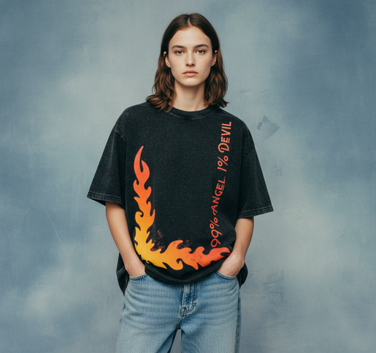 Angel and Devil Black Acid Wash  Oversized T-Shirt