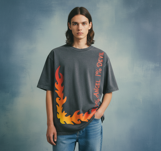Angel and Devil Grey Acid Wash  Oversized T-Shirt